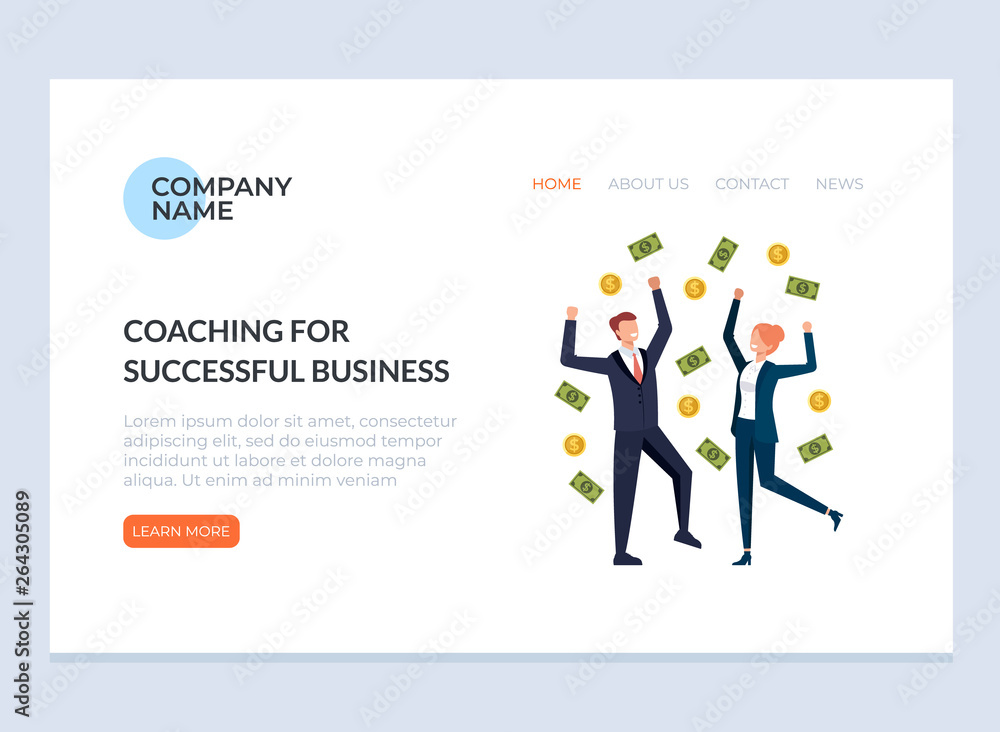 Happy smiling business people under money rain. Success business coaching training web banner page concept. Vector flat graphic design illustration Happy smiling business people under money rain. Success business coaching training web banner page concept. Vector flat graphic design illustration
