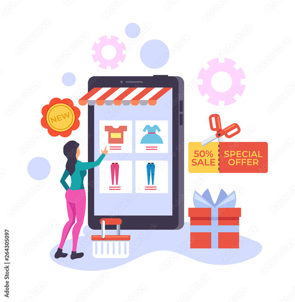 Woman consumer character choosing cloth and making purchases in online shop. E-commerce shopping online web concept. Vector flat graphic design illustration