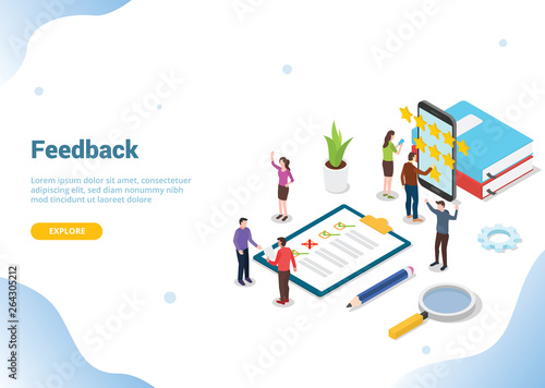isometric 3d feedback business rating star concept with team people and checklist clipboard for website template landing homepage banner - vector