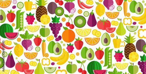 Fototapeta Naklejka Na Ścianę i Meble -  Fruits and vegetables background. Organic and healthy food. Flat style, vector illustration.