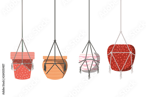 flower pots in macrame hangers icon