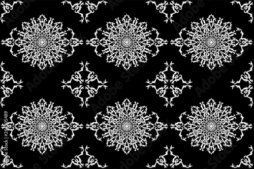 Elegant seamless pattern hand drawn with traditional ornament decoration and mixed with victorian style. Geometry for each side. Black and white background.