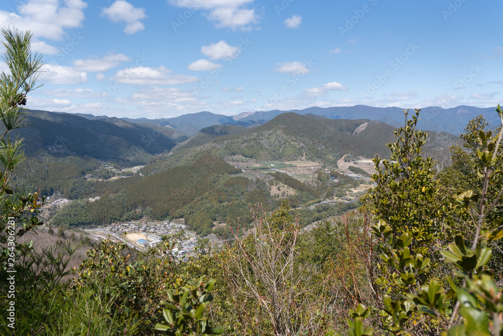 View from the top of Takahara on Kumano Kodo. Kumano Kodo is a series of ancient pilgrimage routes that crisscross the Kii Hanto, the largest  peninsula of Japan