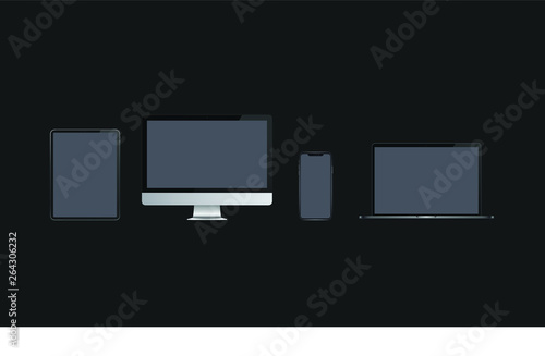 Realistic set of desktop, laptop, tablet, and phone on isolated background