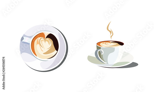 Cup of coffee, plate, hot coffee illustration, cappuccino, aroma latte, vector