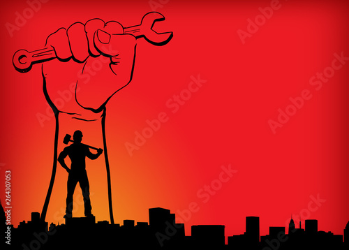 International Labour Day Vector Poster. Happy Labour Day 2020. 1st May Worker's Day. May 1st Labour Day with red flags, red hand and red background vector poster. Thank you for your hard work vector.
 photo
