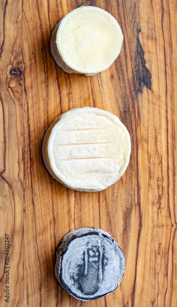 Assortment of French soft goat cheeses, Chevre Cendre, Cabecou Du