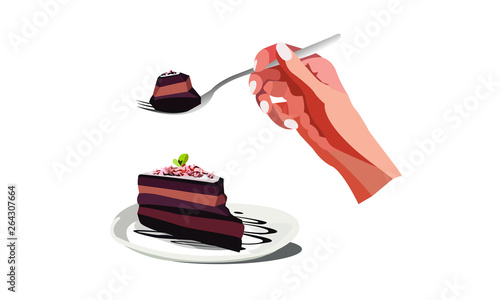 Cake illustration, hand holds a fork, eating cake