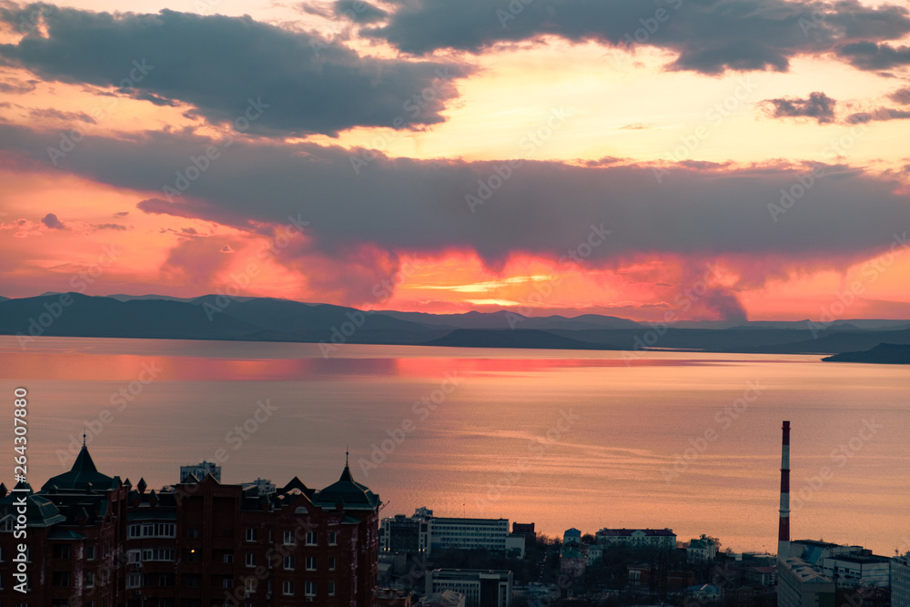 Panoramic view of the city of Vladivostok against the sunset. Panoramic view of the city of Vladivostok against the sunset.