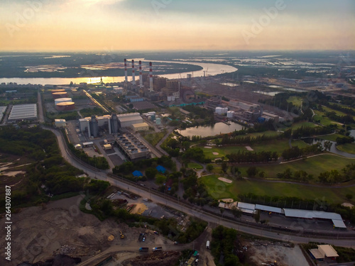 Aerial view Power plants, petrochemical plants At sunset.