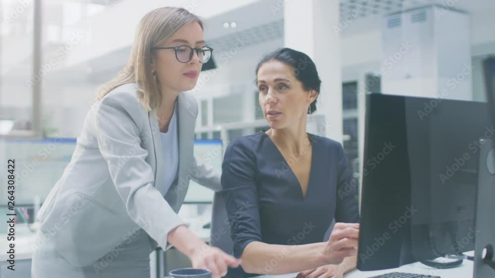 In the Busy Corporate Office: Female Manager Explains Task to Businesswoman who Works on Desktop Computer. Businesspeople an Working with Clients, Having Discussions and Analysing Statistics In the Busy Corporate Office: Female Manager Explains Task to Businesswoman who Works on Desktop Computer. Businesspeople an Working with Clients, Having Discussions and Analysing Statistics