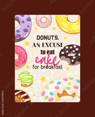 Donut vector doughnut food glazed sweet dessert with sugar chocolate in bakery illustration backdrop set of colorful backed dough with icing background wallpaper