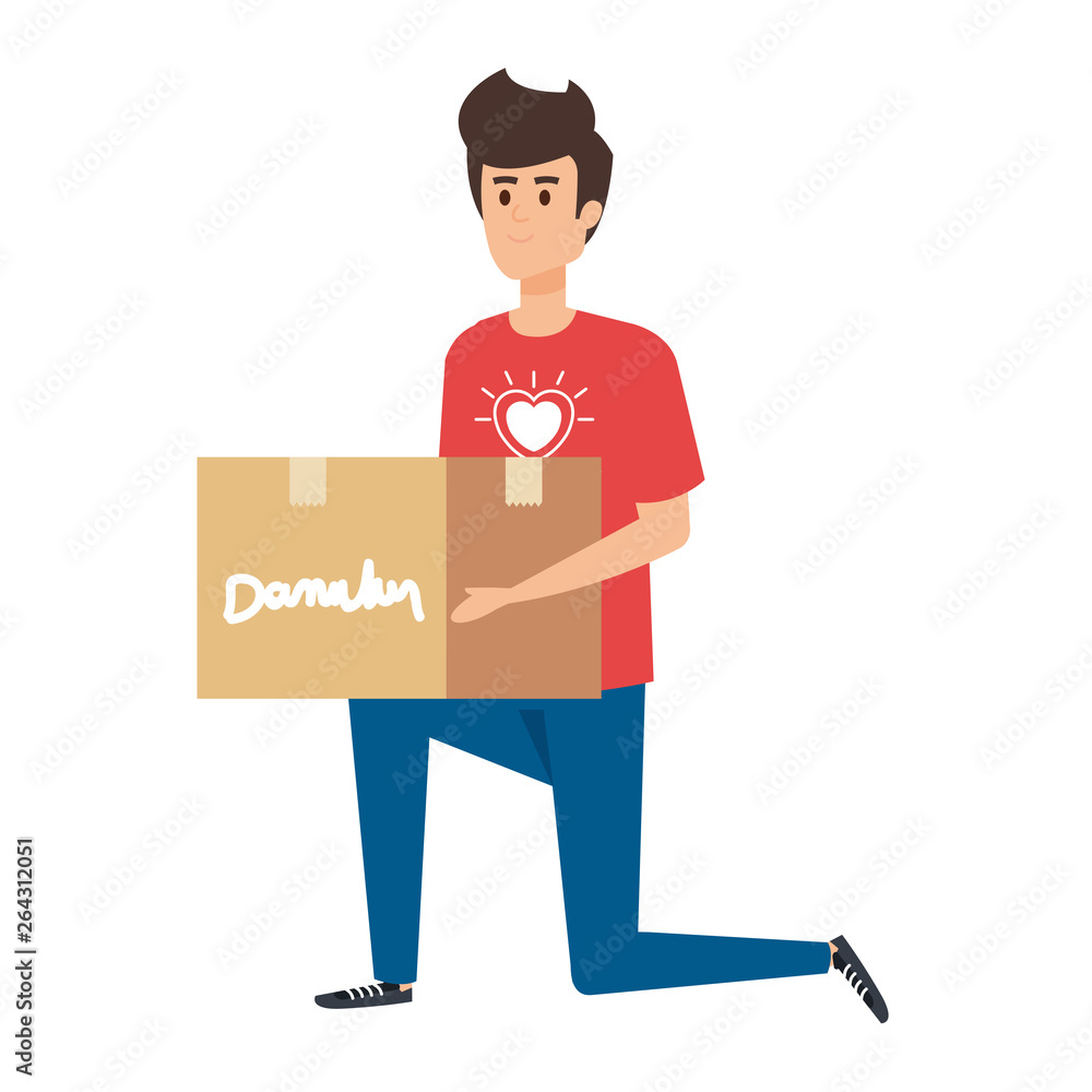 young man volunteer lifting donations box young man volunteer lifting donations box