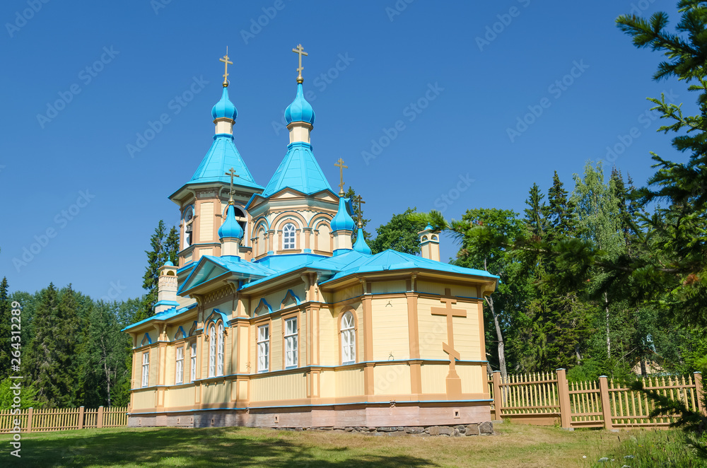 Beautiful Orthodox Church on a clear sunny day on Valaam Island. Gethsemane Skete. Church in the name of the Assumption of the Mother of God.