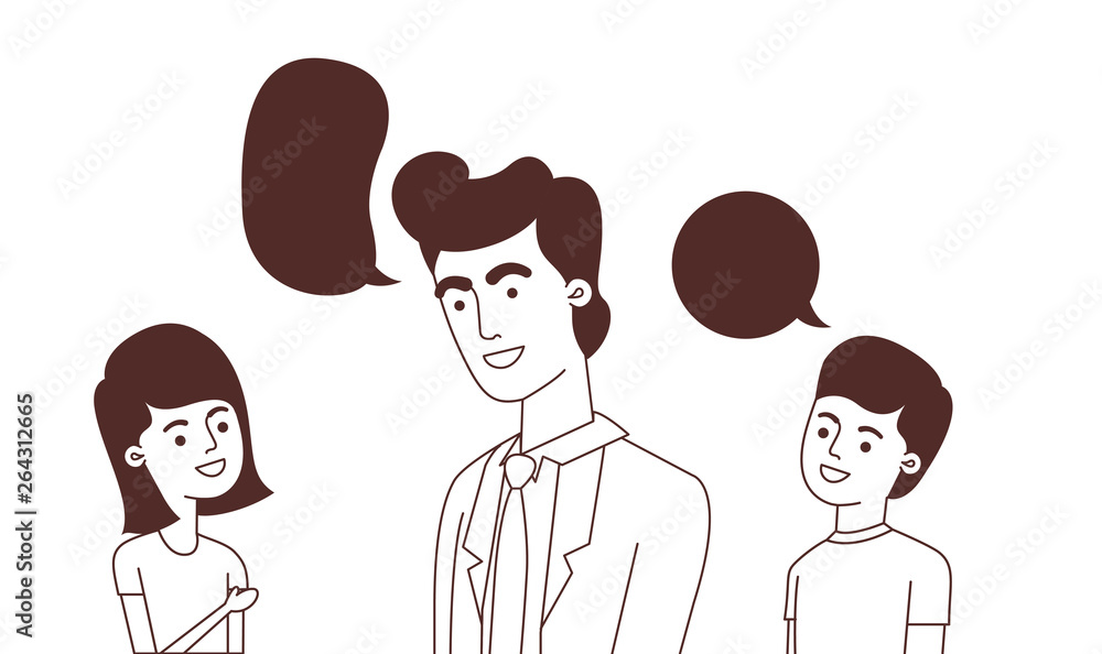 father with children and speech bubble character father with children and speech bubble character