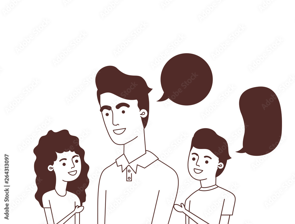 father with children and speech bubble character father with children and speech bubble character