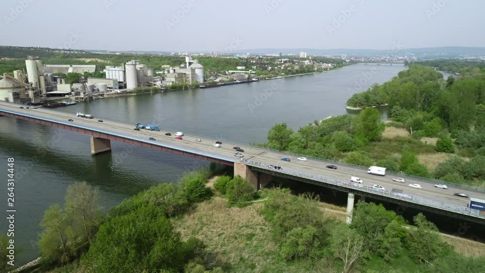 Aerial view of highway bridge and River Rhine - tracking shot Aerial view of highway bridge and River Rhine - tracking shot