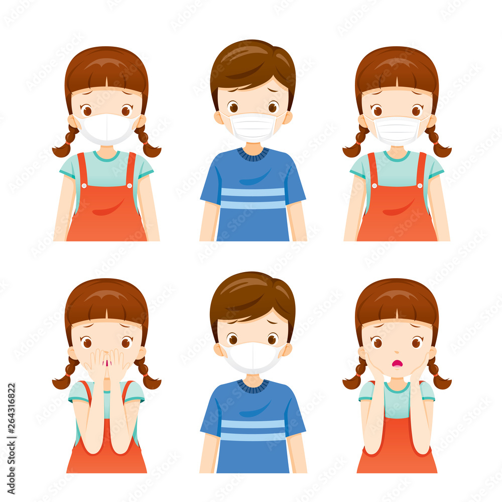 Set Of Girl And Boy Wearing Air Pollution Mask For Protect Dust PM2.5, PM10, Smoke, Smog Set Of Girl And Boy Wearing Air Pollution Mask For Protect Dust PM2.5, PM10, Smoke, Smog