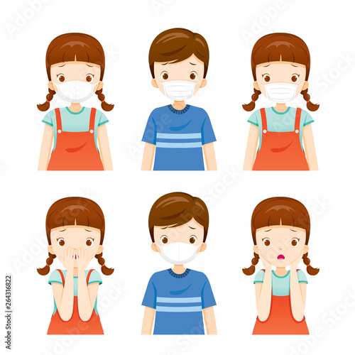 Set Of Girl And Boy Wearing Air Pollution Mask For Protect Dust PM2.5, PM10, Smoke, Smog