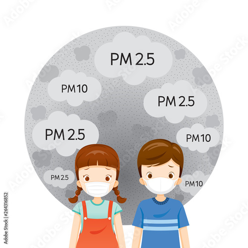 Girl And Boy Wearing Air Pollution Mask For Protect Dust PM2.5, PM10, Smoke, Smog