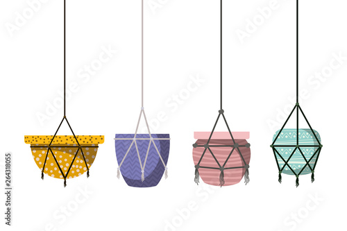 flower pots in macrame hangers icon