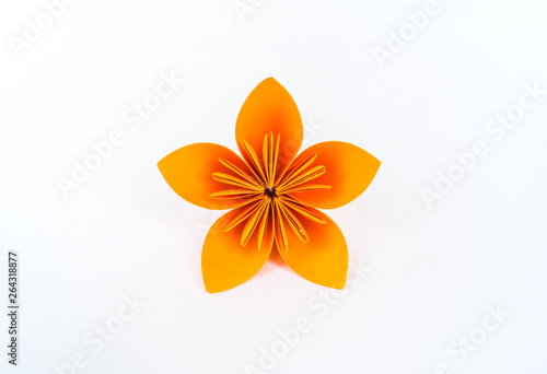 Origami kusudama Orange flower stands in a row against a white background. Rainbow color.