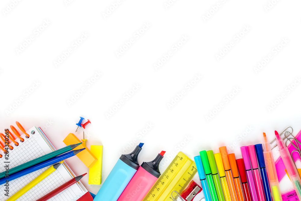 Fototapeta premium School supplies on white background. Copyspace. Top view