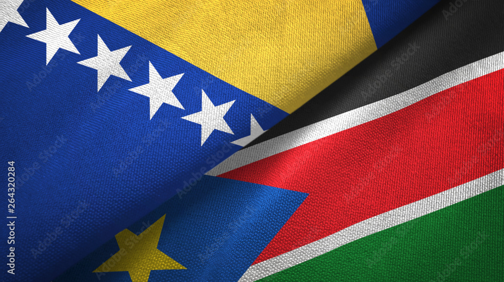 Bosnia and Herzegovina and South Sudan two flags textile cloth, fabric texture Bosnia and Herzegovina and South Sudan two flags textile cloth, fabric texture