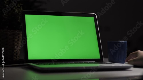 Over the shoulder shot of a young boy using on laptop computer on desk, looking at green screen. Dolly shoot 60fps.