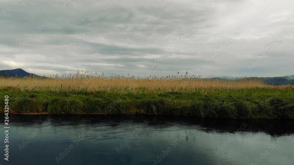 Drone flying low over the river towards the reed on the bank. Taken in Akyaka (Gulf of Gokova, Aegean Sea) on an early spring day. Drone flying low over the river towards the reed on the bank. Taken in Akyaka (Gulf of Gokova, Aegean Sea) on an early spring day.