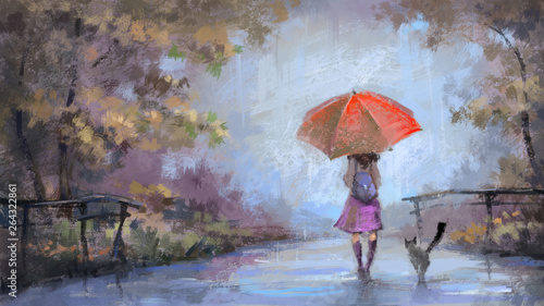 Girl with a red umbrella and she s cat walks in the park in the rain. Digital painting illustration.