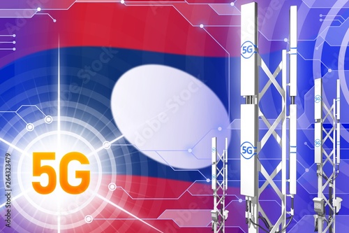 Lao People Democratic Republic 5G industrial illustration, big cellular network mast or tower on digital background with the flag - 3D Illustration