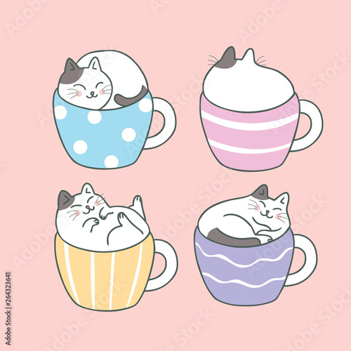 Cartoon cute cat and cup coffee vector.