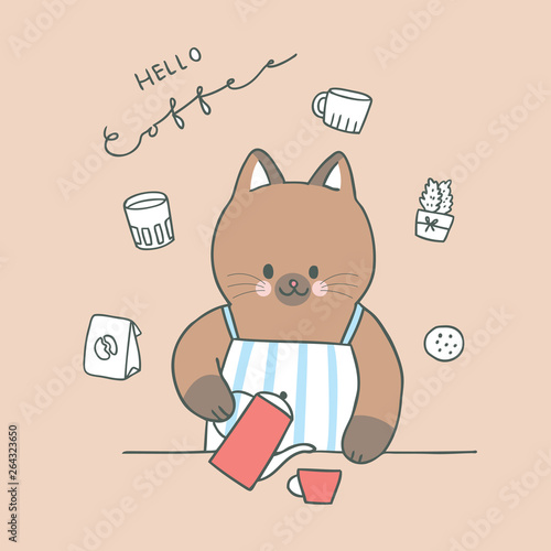 Cartoon cute cat and coffee vector.