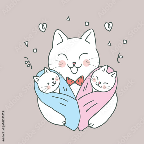 Cartoon cute cat mom and baby vector.