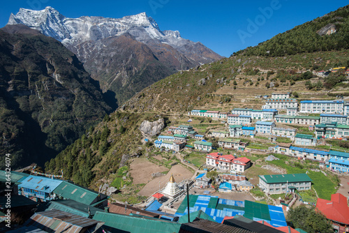 View of Namche Bazaar and Kongde Ri (6,187 metres) at behind. Namche Bazaar is the staging point for expeditions to Everest and other Himalayan peaks in the area.