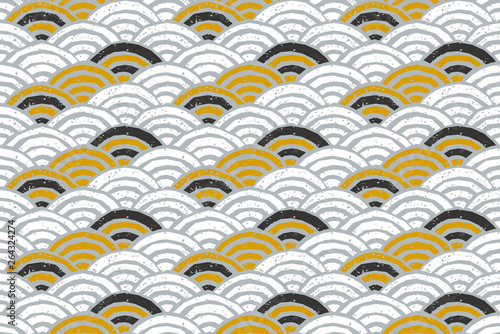 和風模様 版画ハンコ風青海波パターンBG_（白・グレー・金・黒）