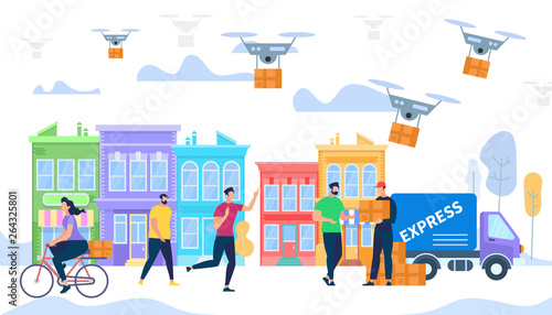 Courier Bring Box by Express Delivery. Drone Mail