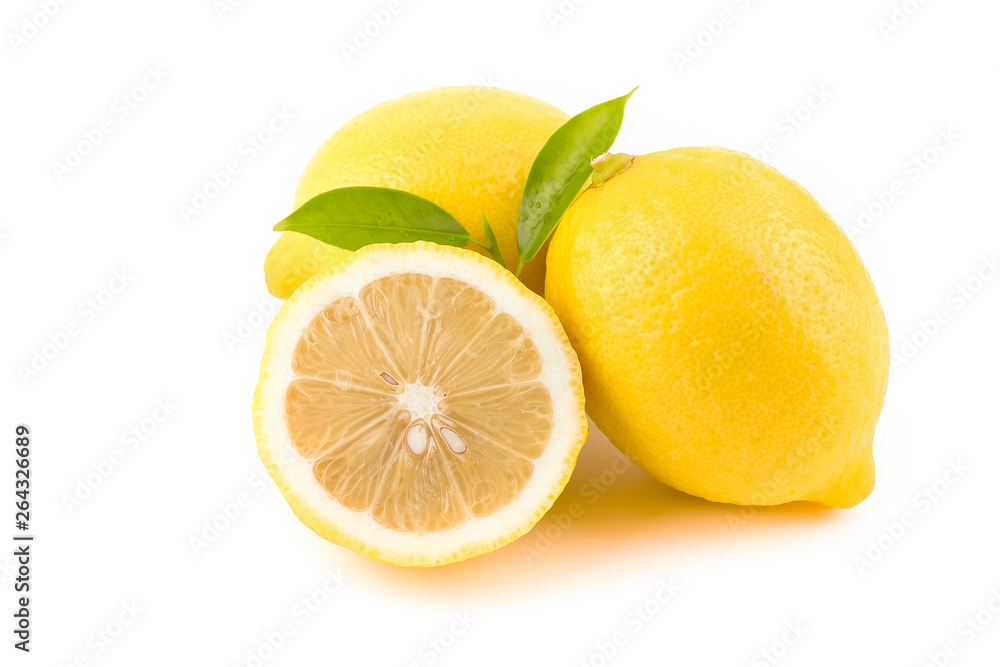 Yellow Lemon citrus half slices with leaf isolated on white background Yellow Lemon citrus half slices with leaf isolated on white background