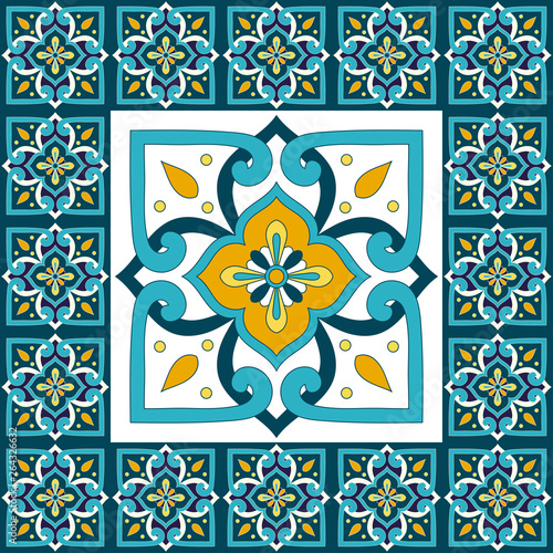 Italain tile pattern floor vector with vintage mosaic print. Big element in center is framed. Background with portuguese azulejos, mexican talavera, italy sicily majolica, spanish ceramic motifs. photo