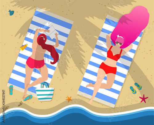 Young Girls in Swimwear Relaxing Lying on Beach