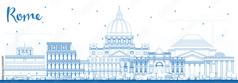 Outline Rome Italy City Skyline with Blue Buildings.