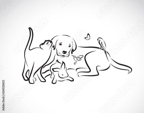 Vector group of pets - Dog, cat, parrot, rabbit, butterfly, Hummingbird isolated on white background. Pet. Animals. Easy editable layered vector illustration. Pet group.