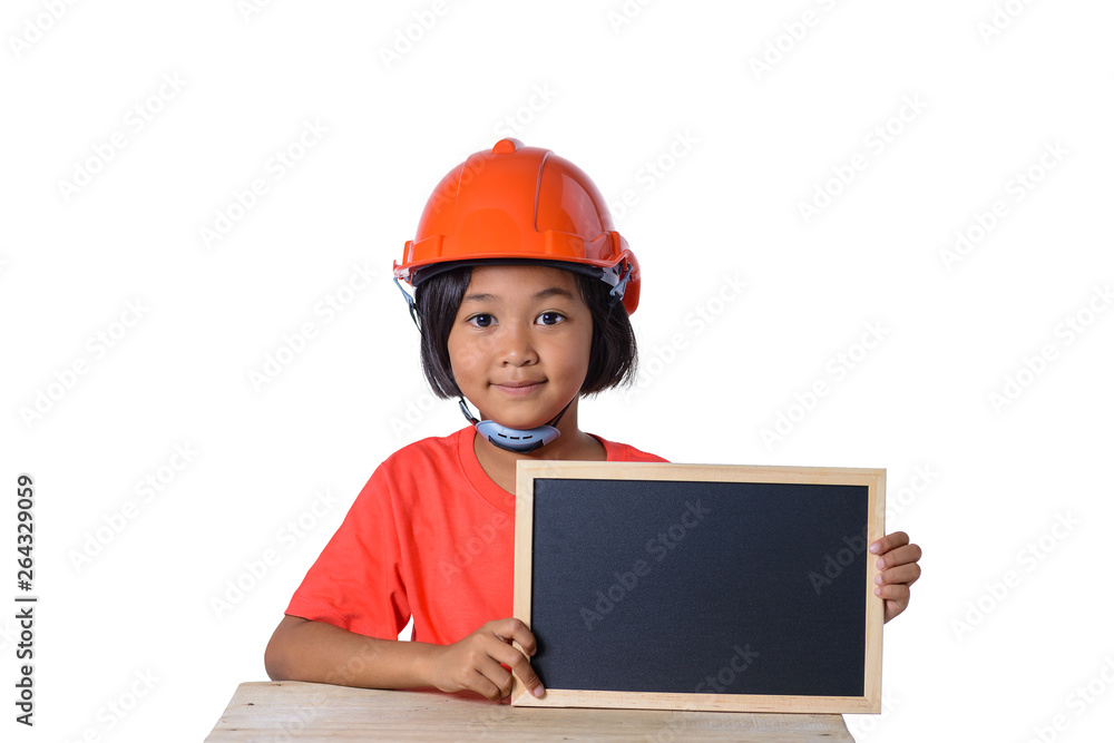 Asian children wearing safety helmet and smiling with chalkboard isolated on white background. Kids and education concept Asian children wearing safety helmet and smiling with chalkboard isolated on white background. Kids and education concept