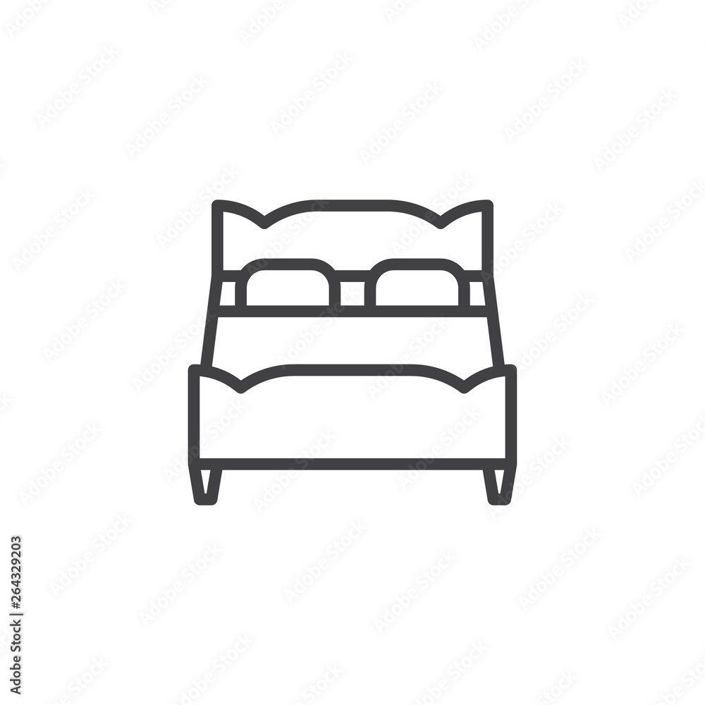 Double bed line icon. linear style sign for mobile concept and web design. Double bed with two pillows outline vector icon. Symbol, logo illustration. Pixel perfect vector graphics Double bed line icon. linear style sign for mobile concept and web design. Double bed with two pillows outline vector icon. Symbol, logo illustration. Pixel perfect vector graphics