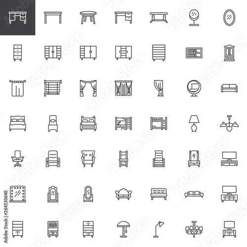 Home interior furniture line icons set. linear style symbols collection, outline signs pack. vector graphics. Set includes icons as Office Desk, Table Drawers, Cupboard wardrobe, Curtains, Chandelier 