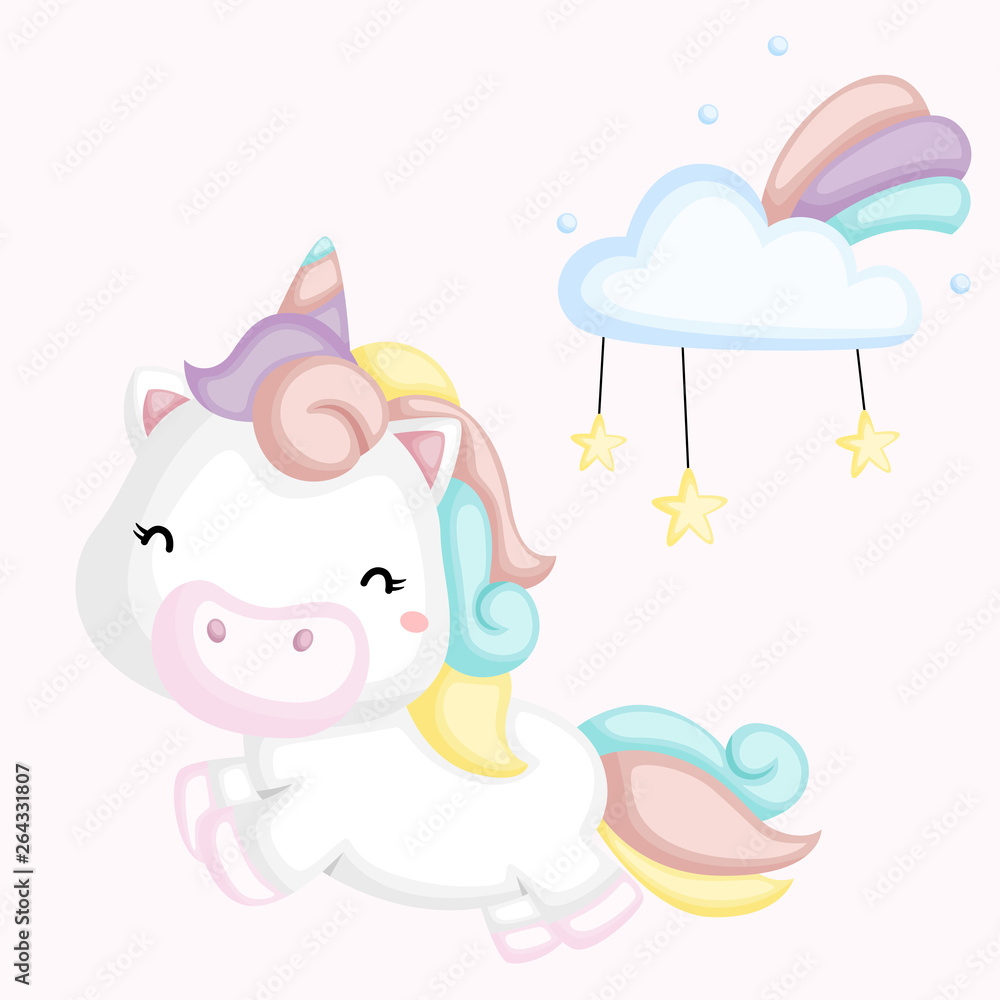 a happy hopping unicorn below a rainbow