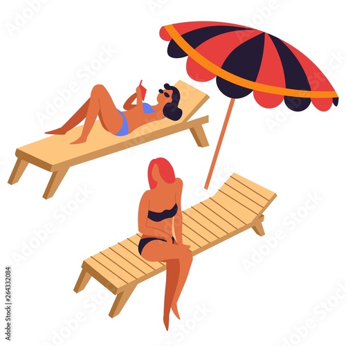 Women sunbathing on recliners or deck chairs under umbrella