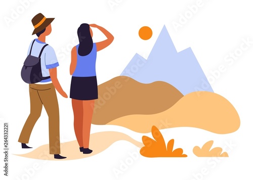 Hikers couple and sunrise in mountains traveling and tourism hiking