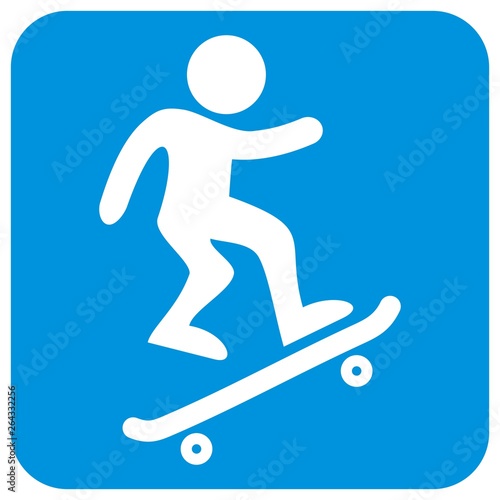 Skateboarding,sport icon, white silhouette of skateboarder at blue background, vector icon